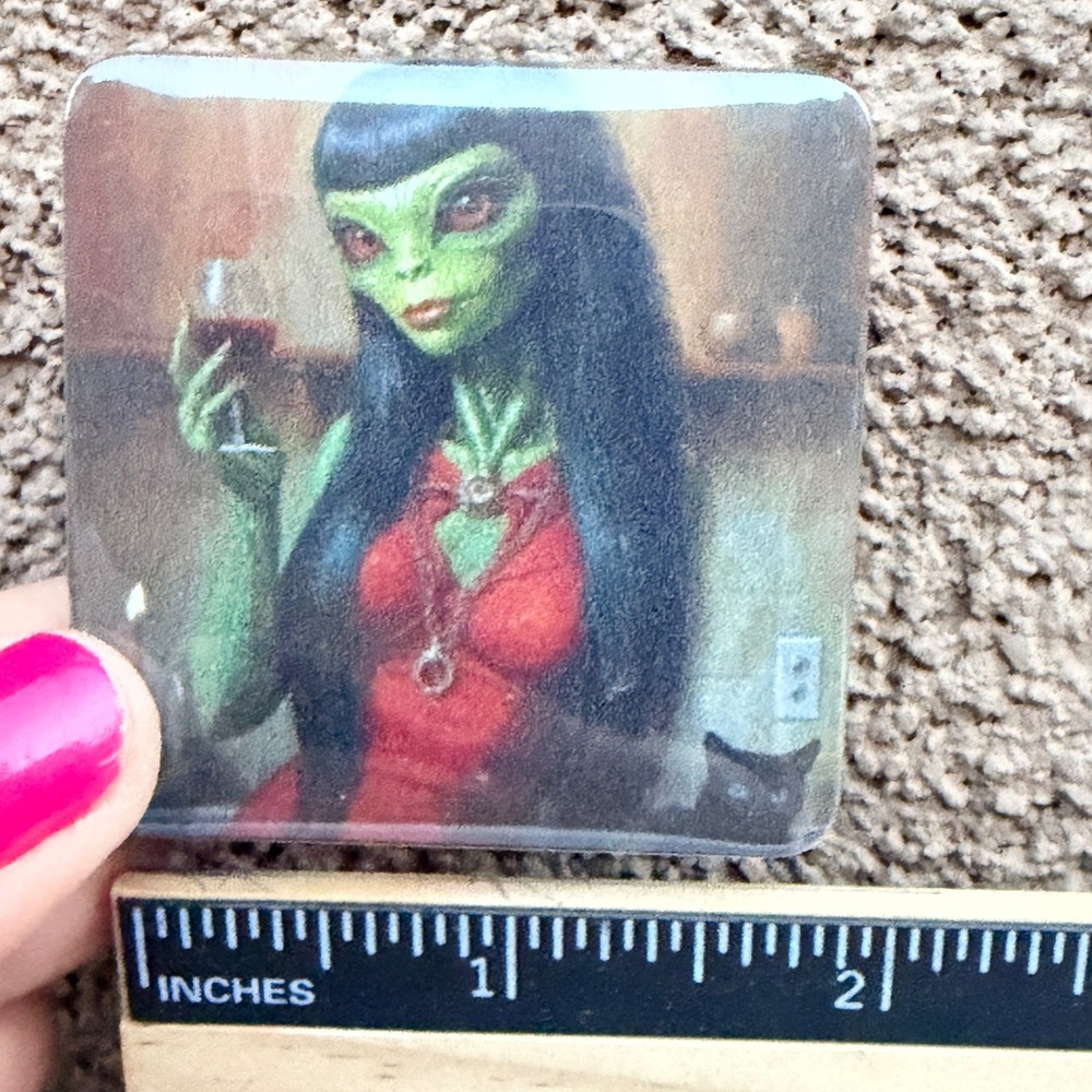 Handmade Reptilian Alien Woman with Wine and Cat Square Magnet 2 Inch Sci-Fi Art